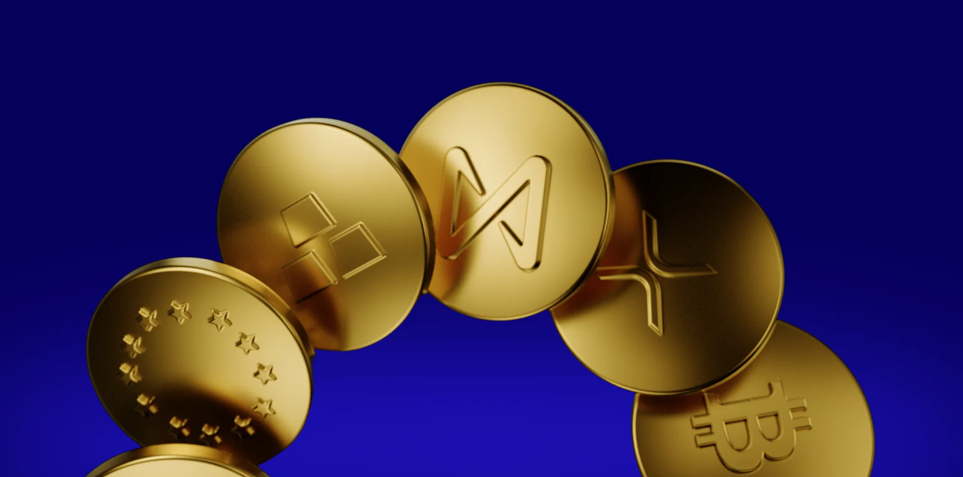 3D gold cryptocurrency coins — Divest campaign visual